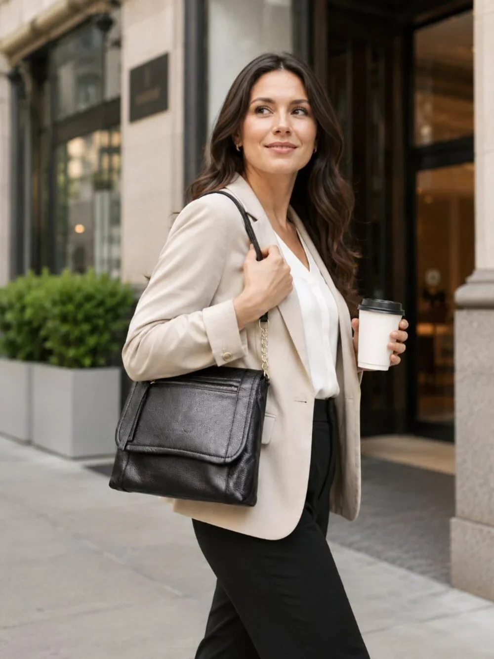 Cole Haan Black Leather Crossbody with Front Zip Pocket